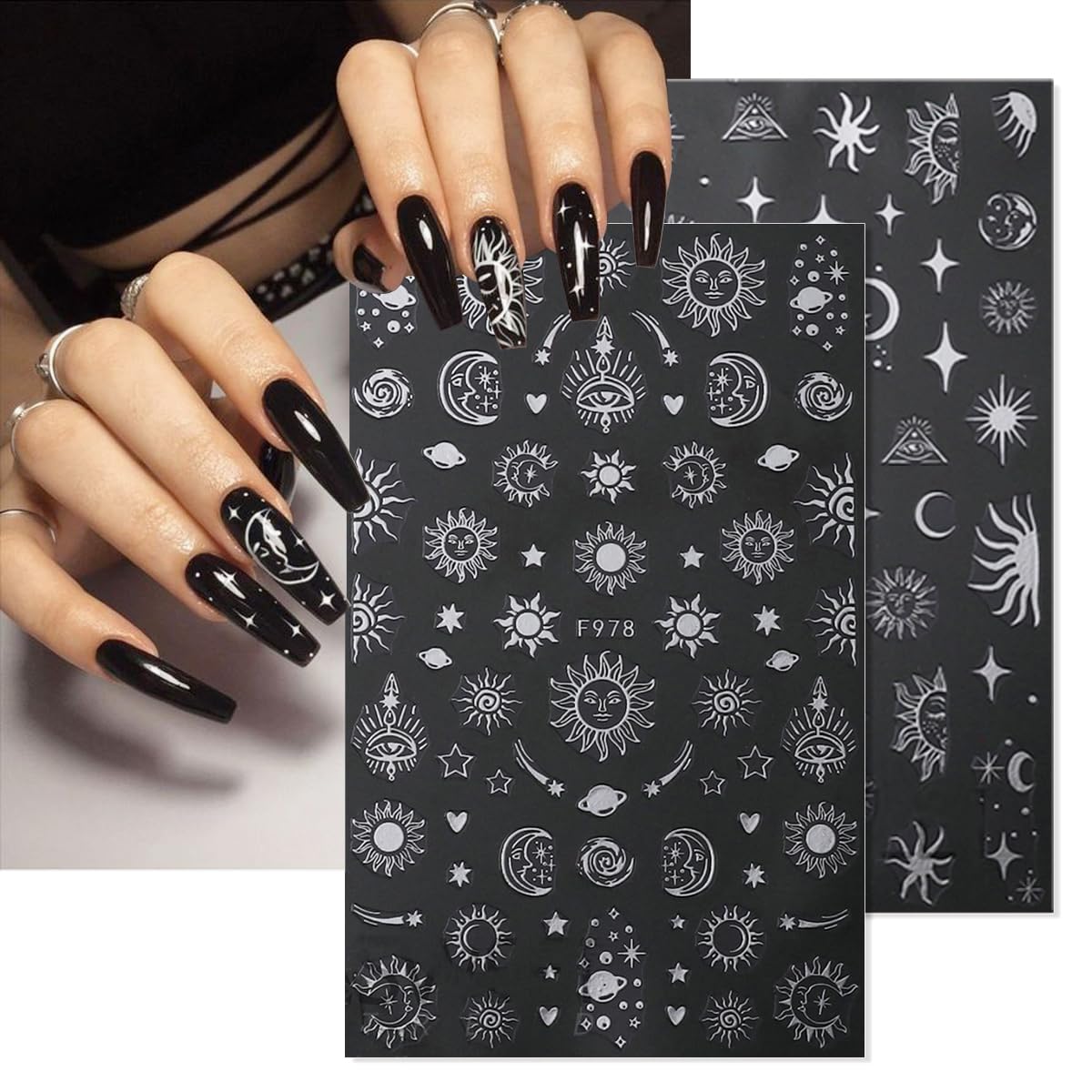 8 Sheets Metallic Nail Art Stickers Decals Silver Moon Star Sun Nail Stickers Eye Snake Nail Decals 3D Self-Adhesive Luxury Nail Art Design Stickers for Women Girls DIY Manicure Decoration Accessories