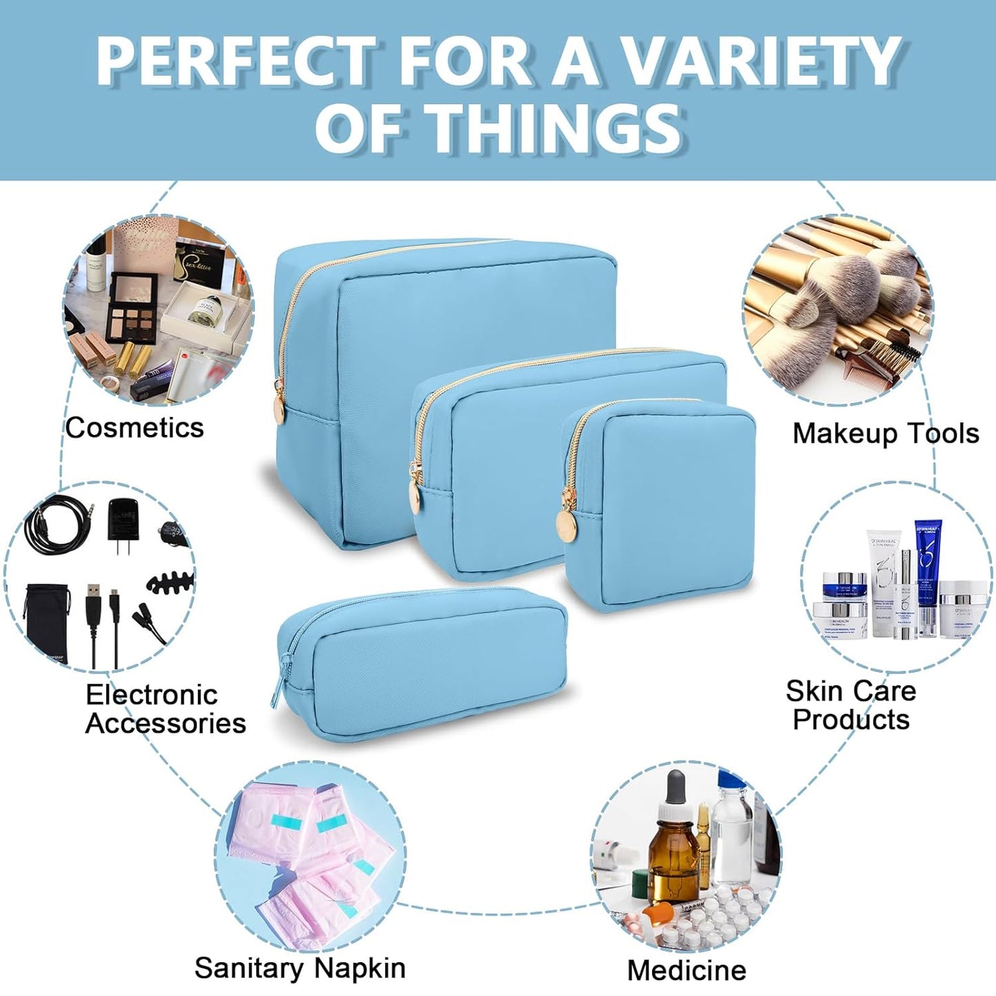 Mini Makeup Pouch for Purse, Small Cosmetic Bag Pouch Nylon Travel Toiletry Organizers Bag for Women Girls, Cute Zipper Coin Purse Preppy Storage Purse for School Work(Mini-Periwinkle)