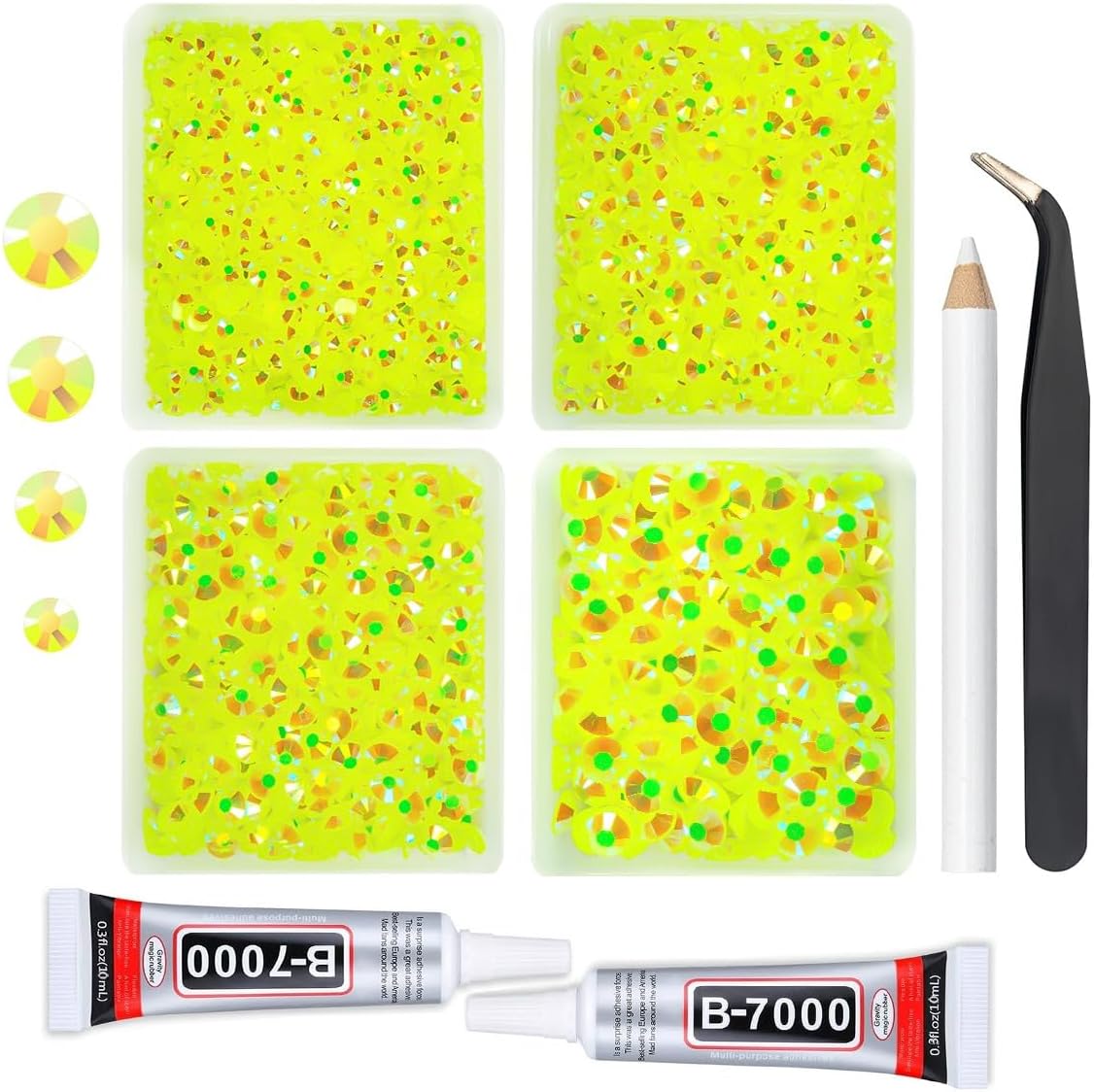 Neon Yellow AB Resin Rhinestones w B7000 Jewelry Glue for Bedazzling Crafting 3mm 4mm 5mm 6mm Fluorescent Flatback Jelly Stones Bulk Diamonds Gems for Nails Face Eyes Makeup Tumblers DIY Crafts