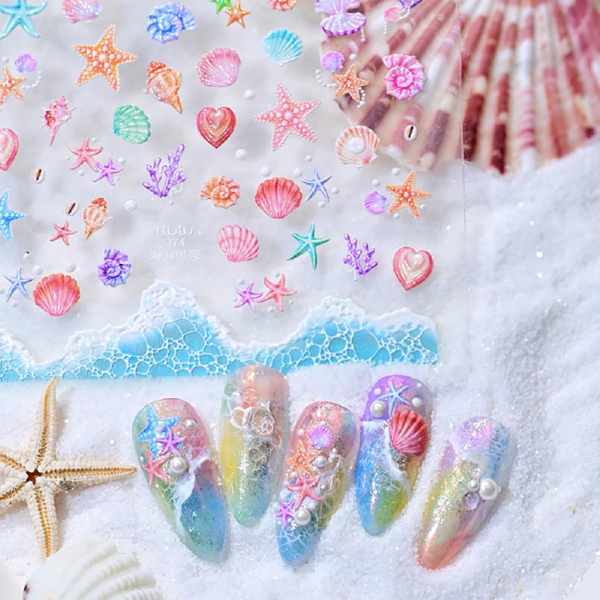 3 Sheets 5D Embossed Summer Nail Stickers for Nail Art Beach Nail Art Stickers Self-Adhesive Colorful Starfish Jellyfish Shell Sea Turtle Coconut Tree Designs Ocean Nail Decals for Women Acrylic Nails