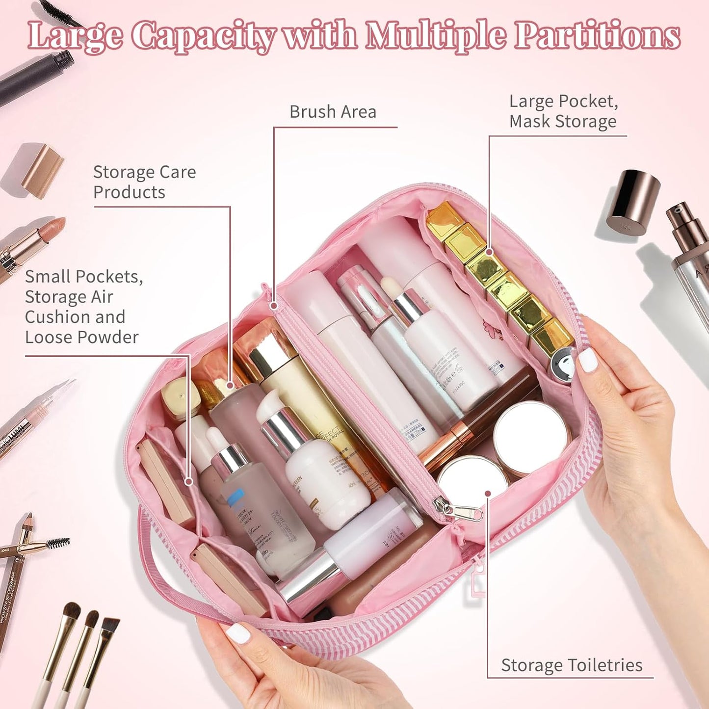 Travel Makeup Bag for Women, 2Pcs Portable Personalized Initial Makeup Organizer Bag, Open Flat Large Cosmetic Bag With Travel Essential Pouch (Pink Letter T)