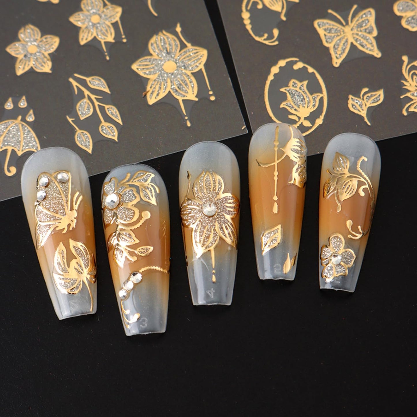 8 Sheets Fall Maple Leaf Nail Art Stickers Decals Gold French Tip Nails Stickers Butterfly Nails Decal Self-Adhesive Flower Nail Art Decal for Women Manicure Decor