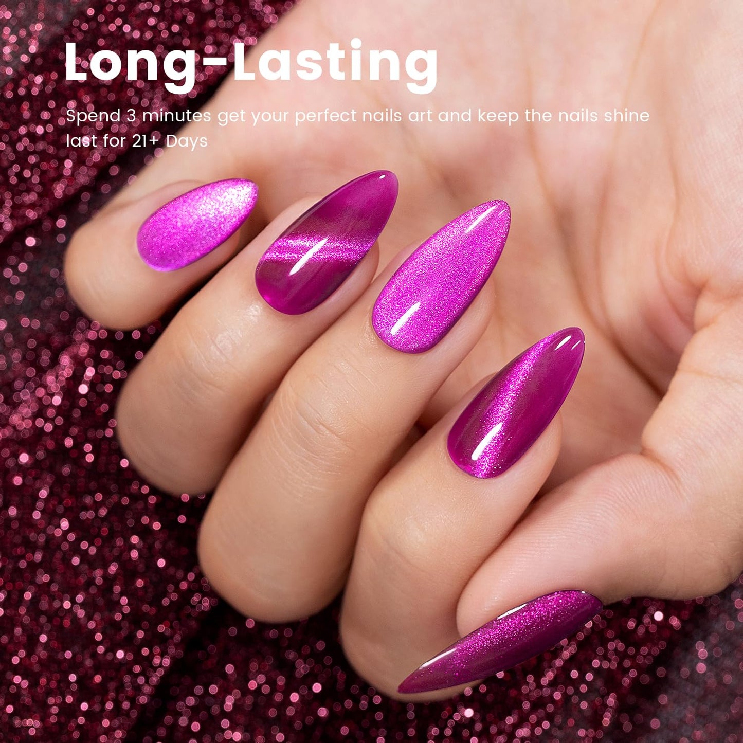 RARJSM Cat Eye Gel Polish Fuchsia Purple Pink 15ml 9D Cateye Silver Glitter Galaxy Universal Velvet Effect Ice Gel Nail Polish with Magnetic Stick UV LED Curing Require Soak Off DIY Home Salon