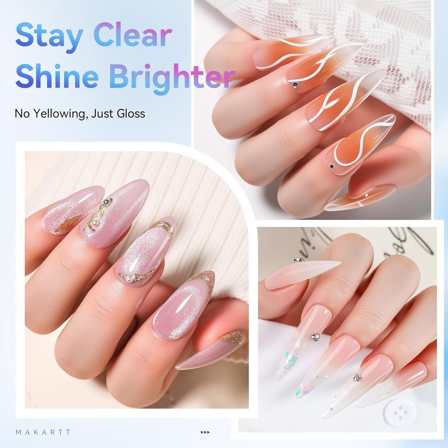 Makartt 2 Pcs Gel Top Coat and Base Coat Set - No Wipe Shine Finish Soak Off Base Top Coat Long Lasting for Gel Nail Polish, LED UV Lamp Need, Salon Quality Nail Manicure Gifts, 10ML