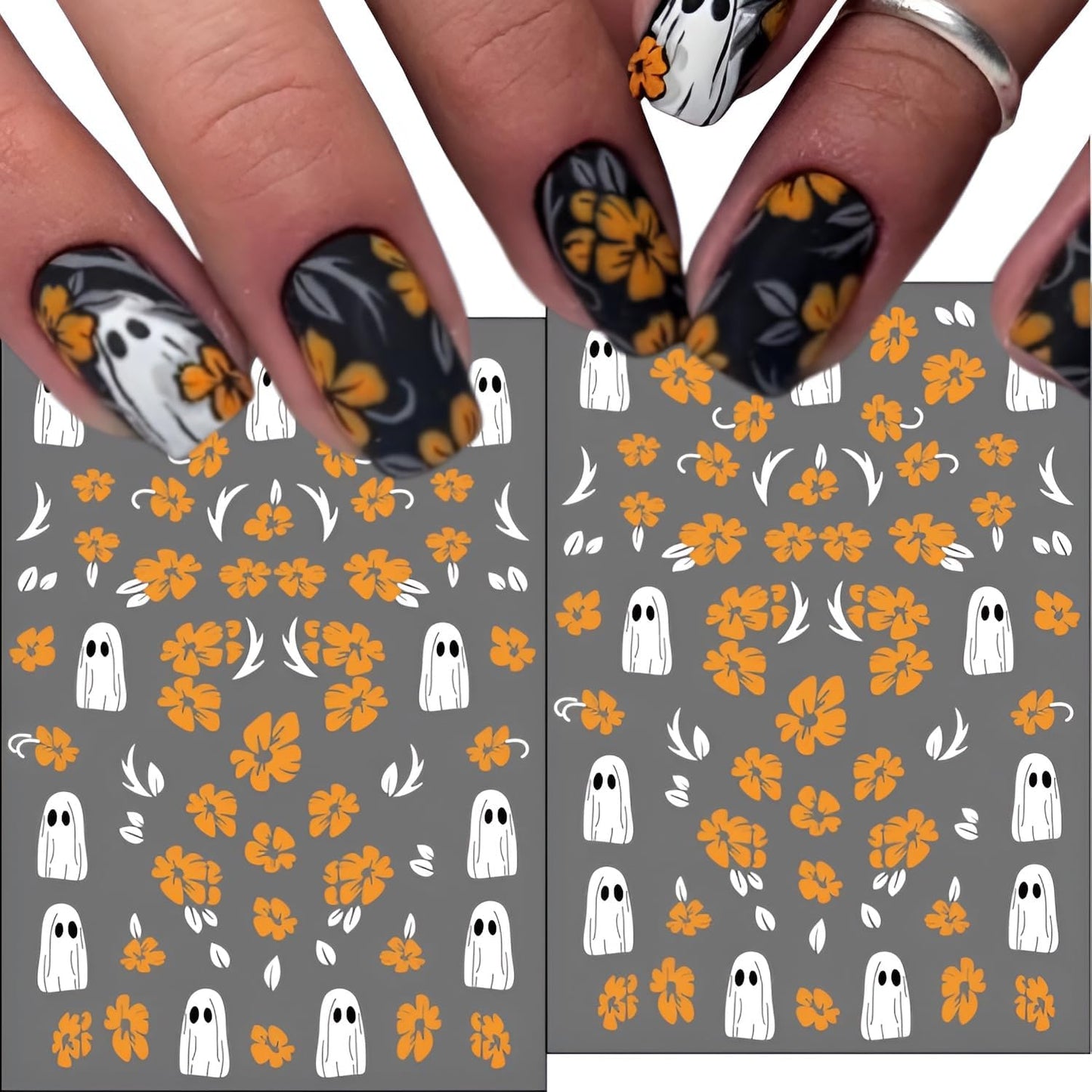 12 Sheets Halloween Nail Stickers for Nail Art 3D Self Adhesive Mummy & Cute Ghost Nail Decals Halloween Nail Stickers with Spider Pumpkin Spider Web Nails Design Flower Nails Supplies for Women Girls