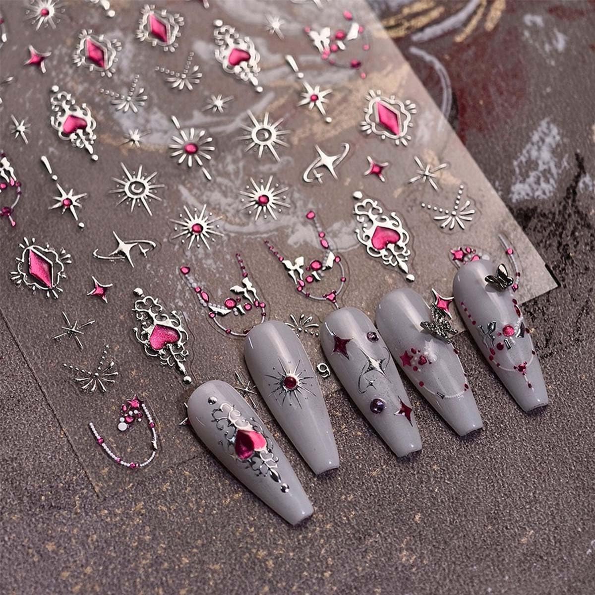 5D Embossed Heart Nail Stickers Decals 3D Self-Adhesive Star Nail Art Stickers Sliver Nails Art Decals Jelly Design Nail Supplies Cute Nails Accessories for Women DIY Manicure Decoration 1Sheet