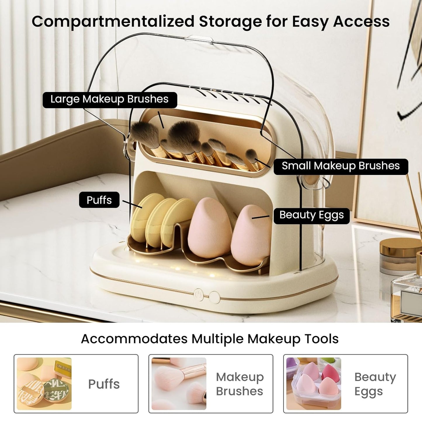 KAYUSO Electric Makeup Brush Dryer Machine, 3 in 1 Automatic Makeup Brush Dryer and Storage with Cover, Timed Cleaning Tool for Most Size Brushes and Sponges