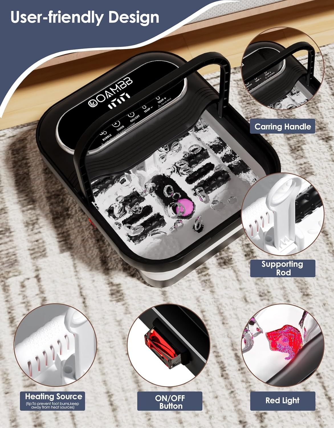 Collapsible Foot Spa with Heat, Bubble and Temp Control, Foot Bath Massager with XL Touch Screen and Massage Rollers, Foot Soaking Tub, Pedicure Foot spa for Stress Relief (Black)