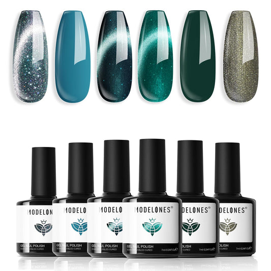 modelones Gel Nail Polish Set, 6 Colors Fall Winter Blue Green Cat Eye Collection 9D Gel Polish Sparkle Reflective Glitter Nail Polish with Magnet Soak Off LED Nail Art Kit DIY