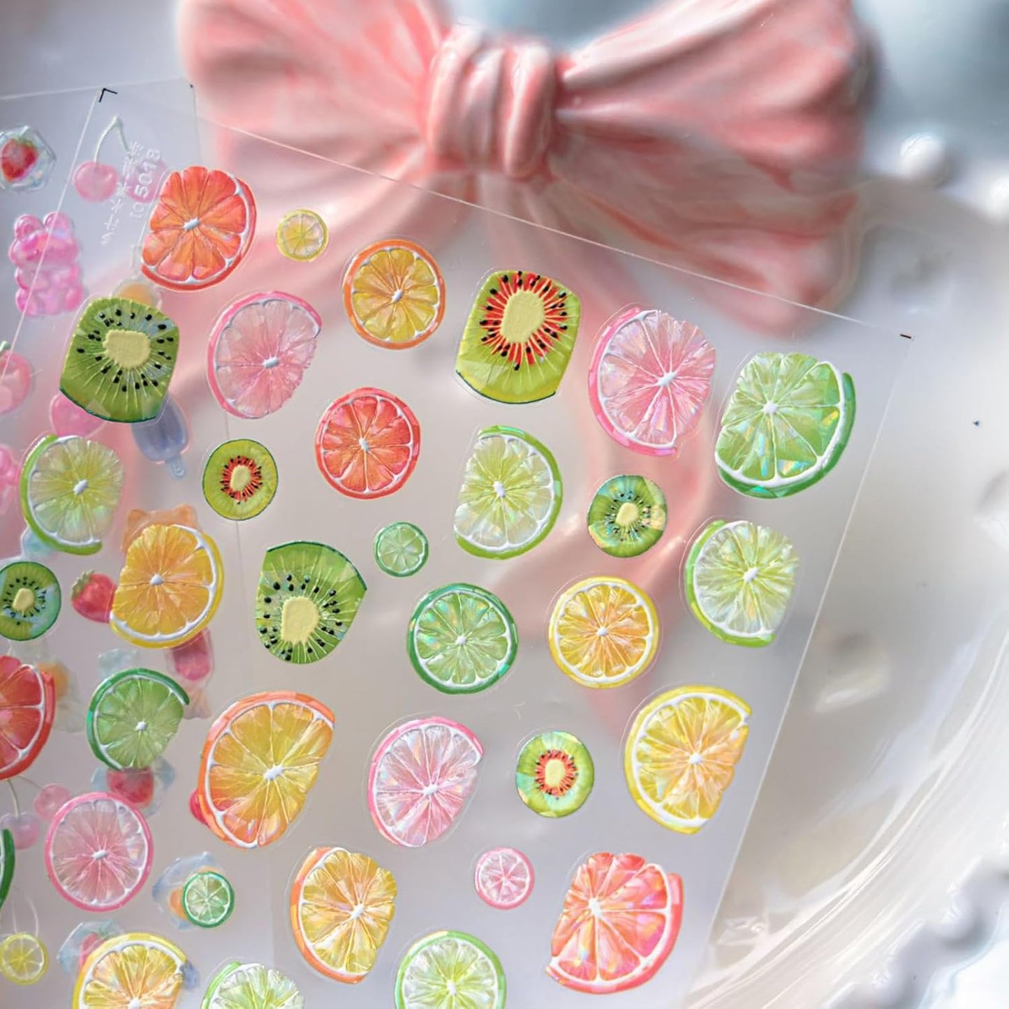 5D Embossed Colorful Fruit Nail Art Stickers Decals Summer Nail Stickers Self-Adhesive Orange Lemon Grapefruit Kiwifruit Exquisite Design Summer Nails Sticker Manicure Supplies for Women DIY Nails