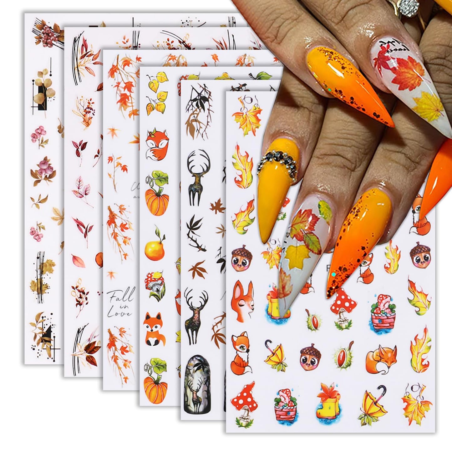 6Sheets Fall Nail Art Stickers Gold Yellow Maple Leaf 3D Self-Adhesive Nail Decals Cute Squirrel Elk Designs Autumn Nail Decorations Thanksgiving Nail Supplies for Women Girls DIY Nail Accessories