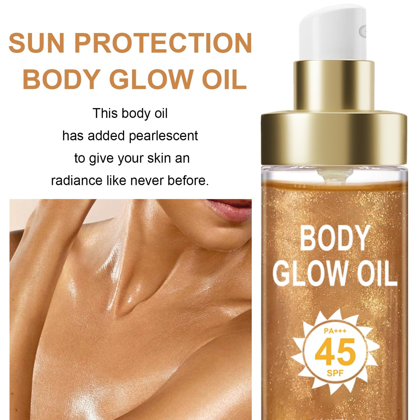Body Glow Oil, Sunscreen Shimmer Oil, SPF 45 Broad Spectrum, Body Oil with with Coconut Oils, Moisturizing Glow for Face & Body, Liquid Illuminator Highlighter, Water Resistant, 3.72 fl oz (#3 AMBER)