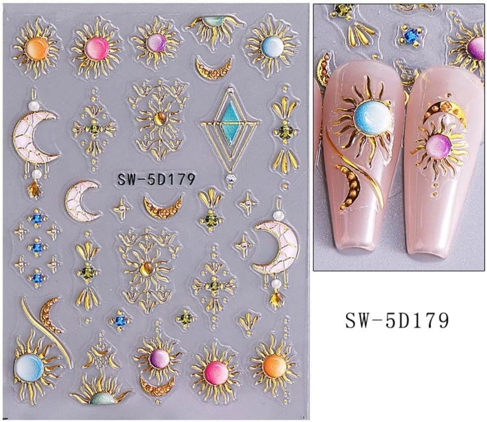 Bohemian Nail Stickers Gold Star Sun Moon Nail Designs Starfish Nail Decals 5D Embossed Gem Lace Lines3D Self-Adhesive Summer Nail Art Decoration for Women DIY Manicure 2 Sheets