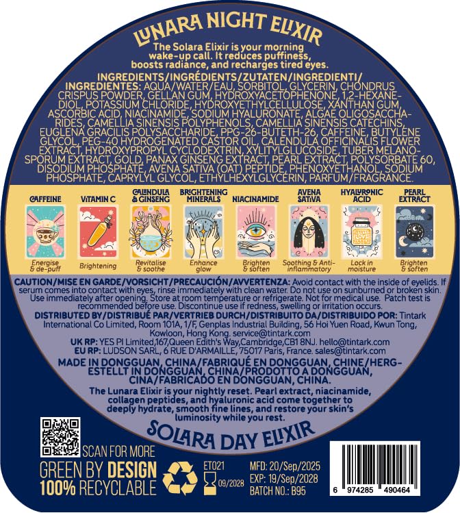 Lunara Hydrogel Eye Mask, 28 Pairs Under Eye Patches for Puffy Eyes Dark Circles Wrinkles with Caffeine, Vitamin C, Niacinamide, Pearl+ Day & Night Activation Elixirs Eye Serum (2×3ml)