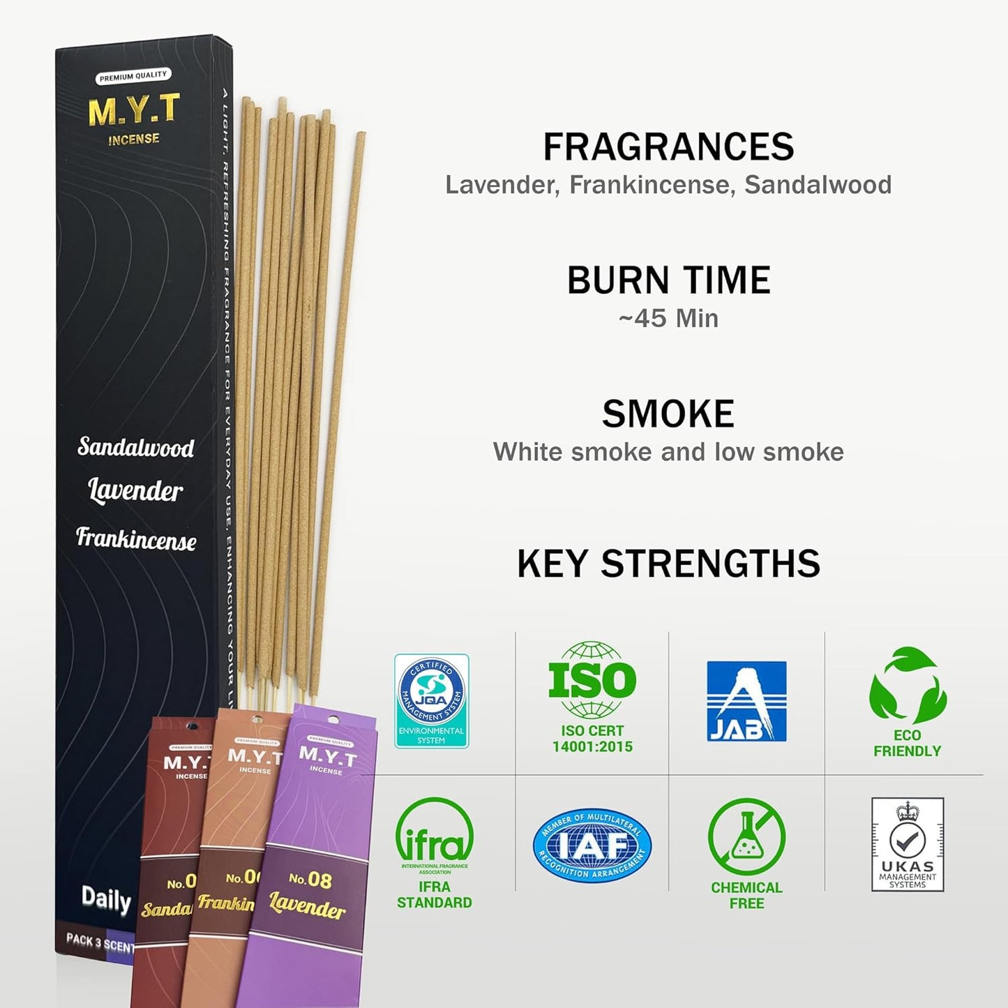 M.Y.T Natural Incense Sticks – Sandalwood, Lavender, Frankincense – Long-Lasting, Low Smoke – Relaxation, Meditation, Odor Removing – 60 Sticks