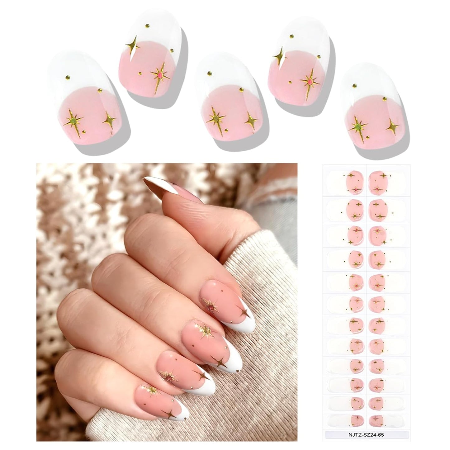 EBANKU 24Pcs Semi-Cured Gel Nail Strips, French Star Nail Sticker, Lasting Waterproof Full Nails Wraps Stickers for Salon Manicures, Perfect for Women, Girl with Nails File and Stick