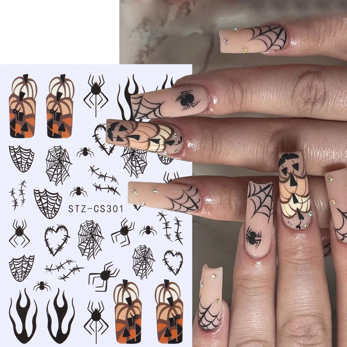 6 Sheets Halloween Nail Art Stickers Spider Web Nail Decals Pumpkin Ghost Nail Stickers Bat Heart Line Flame Nail Sticker for Nail Art 3D Self Adhesive Holiday Manicure Supplies for Women