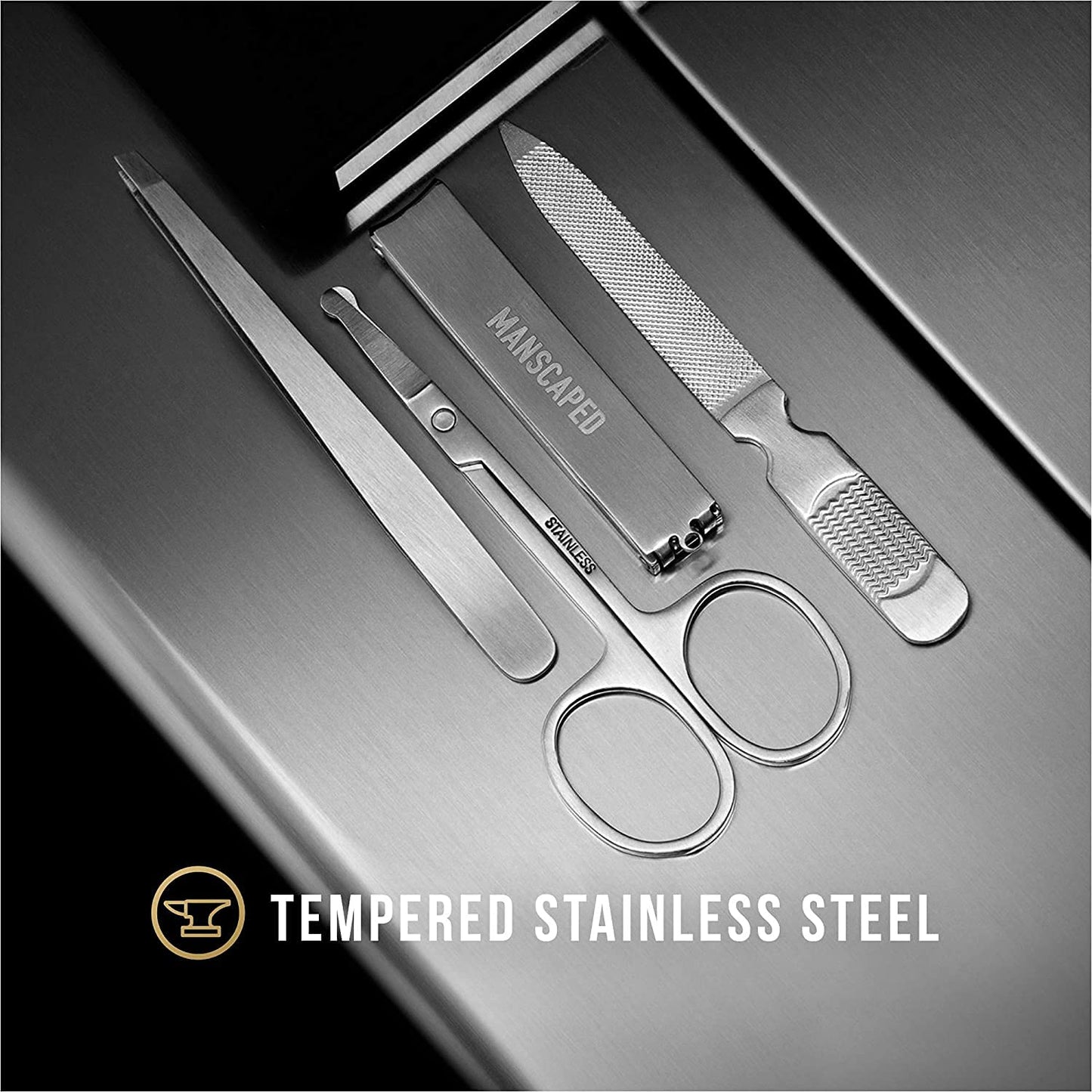 MANSCAPED® Shears 2.0 Tempered Stainless Steel Men's Nail Kit, Fingernail Clippers, Safety Scissors, Tweezers and Nail File, Travel Manicure Pedicure Set, 4-Piece Luxury Grooming Kit with Compact Case