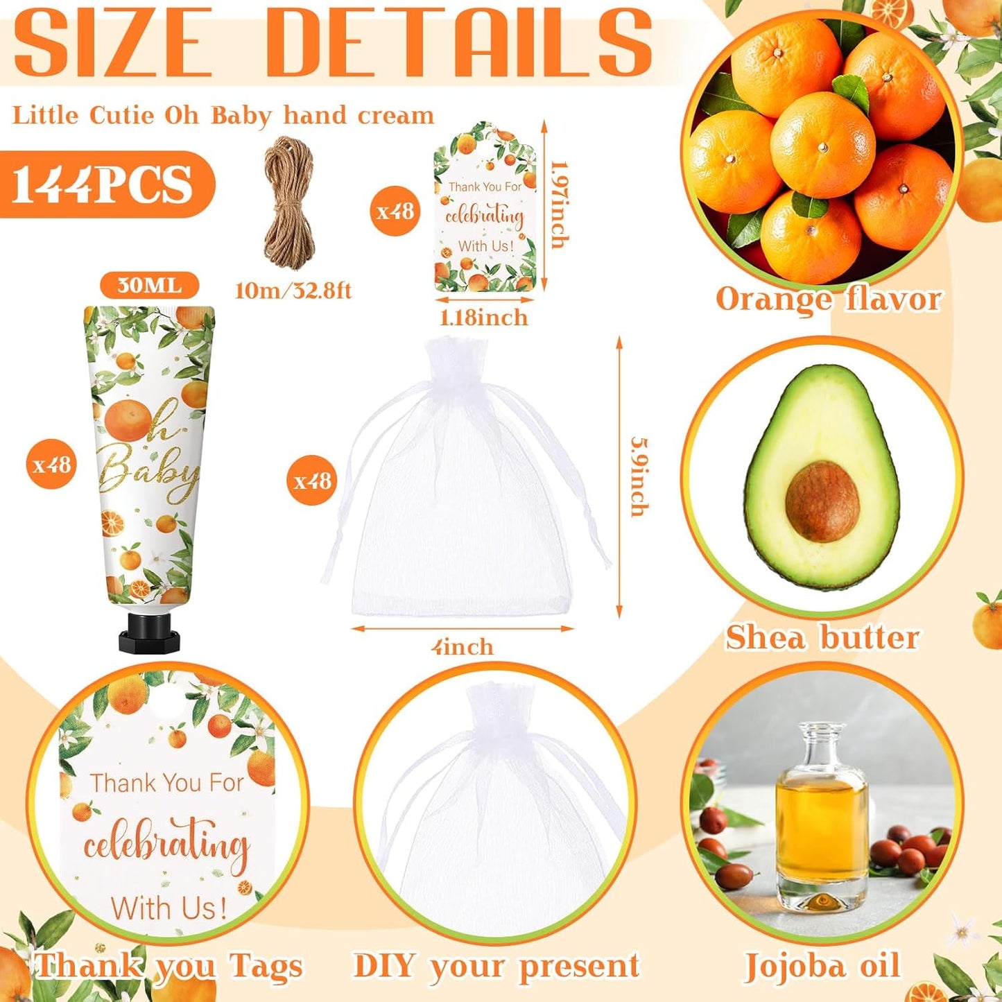 48 Sets Oh Baby Little Cutie Hand Cream Gifts Bulk Baby Shower Favors Travel Size Hand Lotion for Dry Cracked with Tags Organza Bags Shower Party Supplies for Guest Kids