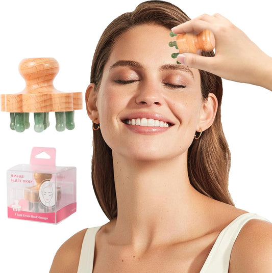Natual Jade Massage Head, with Wooden Hander Comb,for Scalp Massager, Head Ficial, Body Acupressure Tool,gua sha Scraping, Relieve Fatigue,Stress Relax Device,for Hair Growth (Green)
