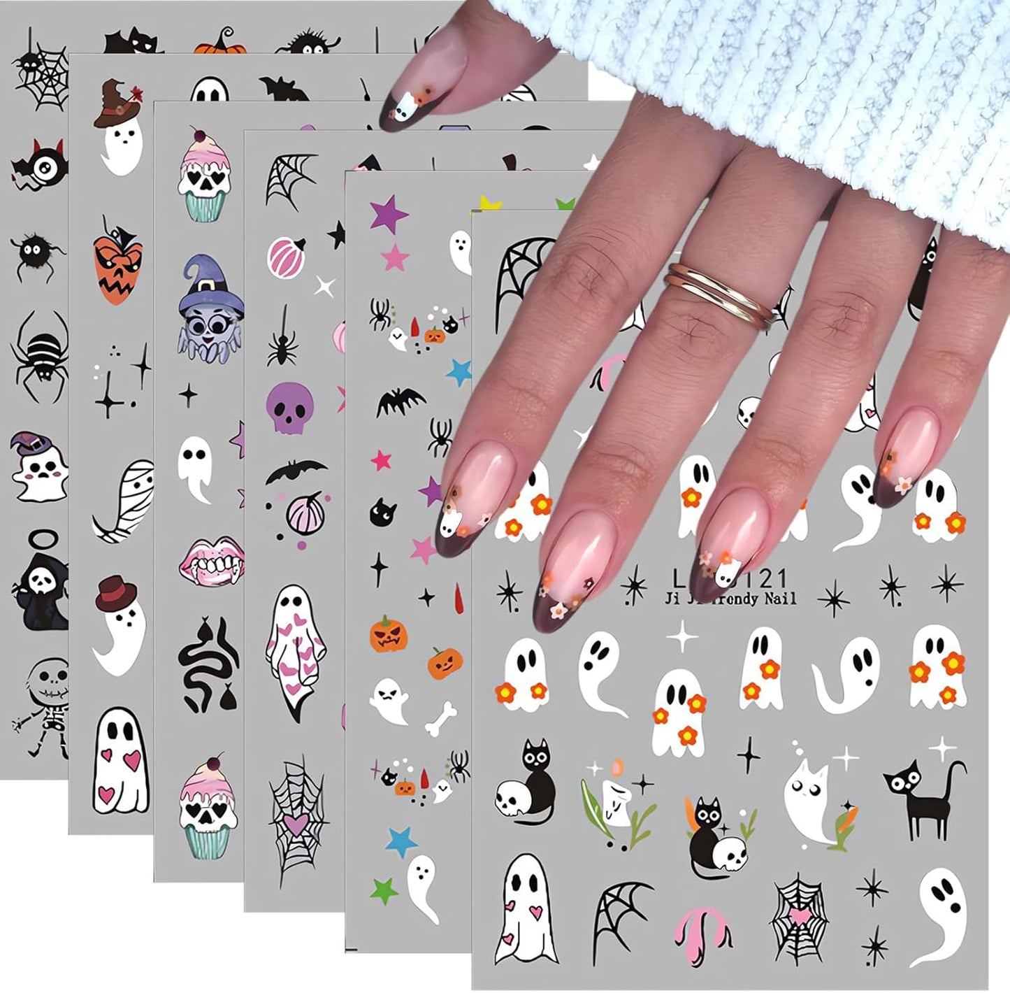 Halloween Nail Art Stickers 6 Sheets Cute Ghost Pumpkin 3D Self-Adhesive Nail Decals Bat Cat Skull Designs Nail Decorations Halloween DIY Manicure Supplies for Women Girls&Kids