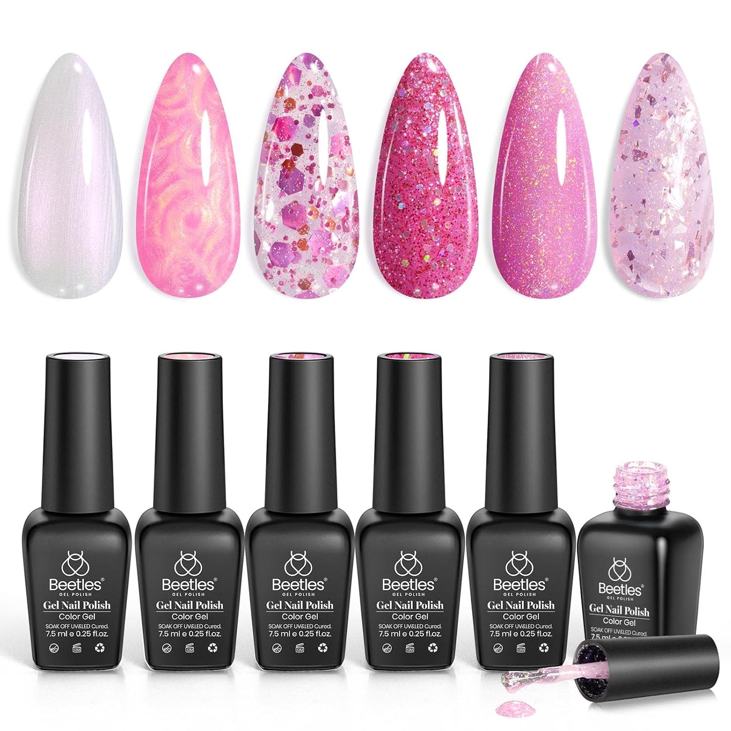 Beetles Pink Gel Nail Polish Set - 6 Colors Shimmer Nail Polish Nail Kit Hot Pink Pearl White Glitter Color Gel Pink Reverie Collection Soak Off Uv LED Nail Lamp Gift for Women & Girls