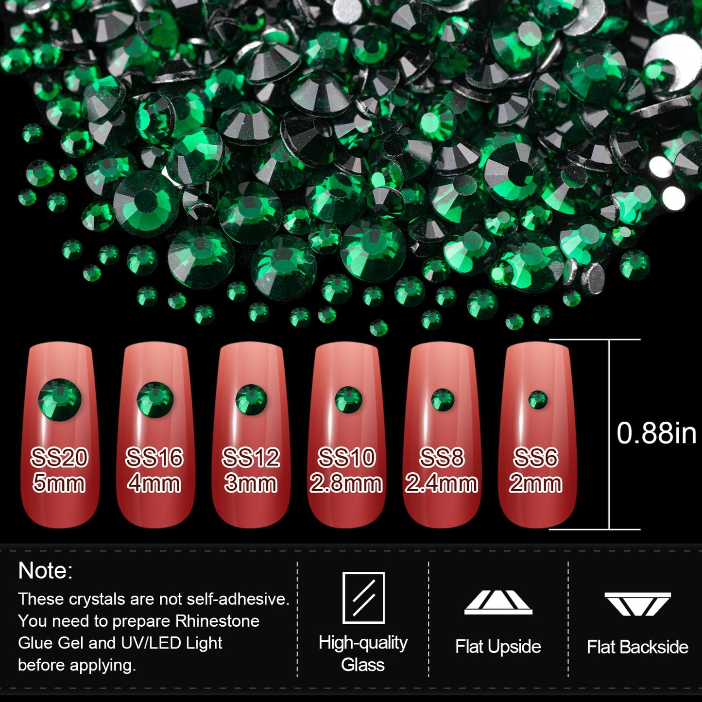 Rhinestones for Nails, Manicure Kit with Nail Rhinestone Glue Gel, Multi Shapes Dark Green Glass 3D Nail Charms + Flatback 2-5mm Round Beads & Gem Glue for Nails (UV/LED Needed) with Dotting Tools