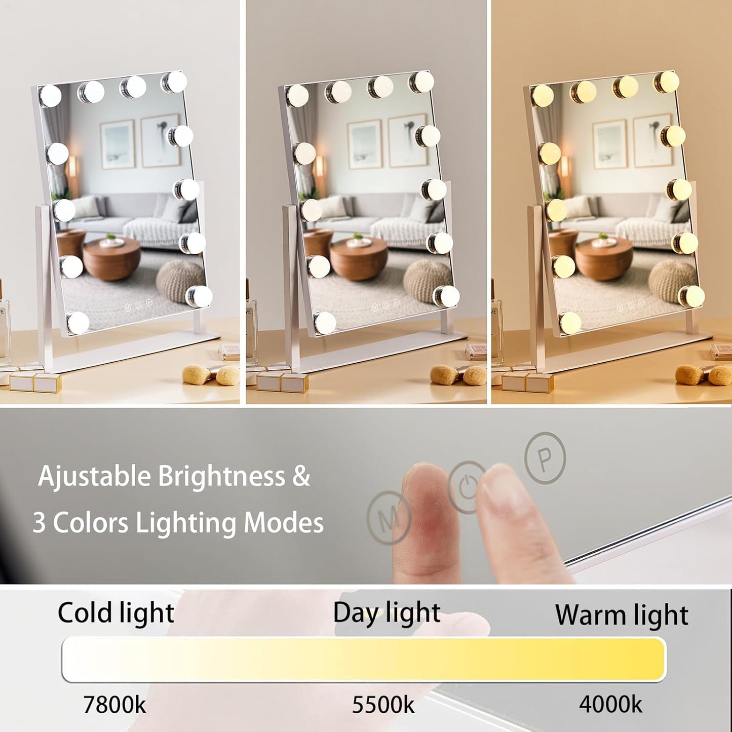 HIEEY Hollywood Makeup Mirror with 12 Dimmable Bulbs Lights, Three Color Lighting Modes, with 4in 20X Magnification Mirror, Smart Touch Control, 360°Rotation (White,Gift Box)