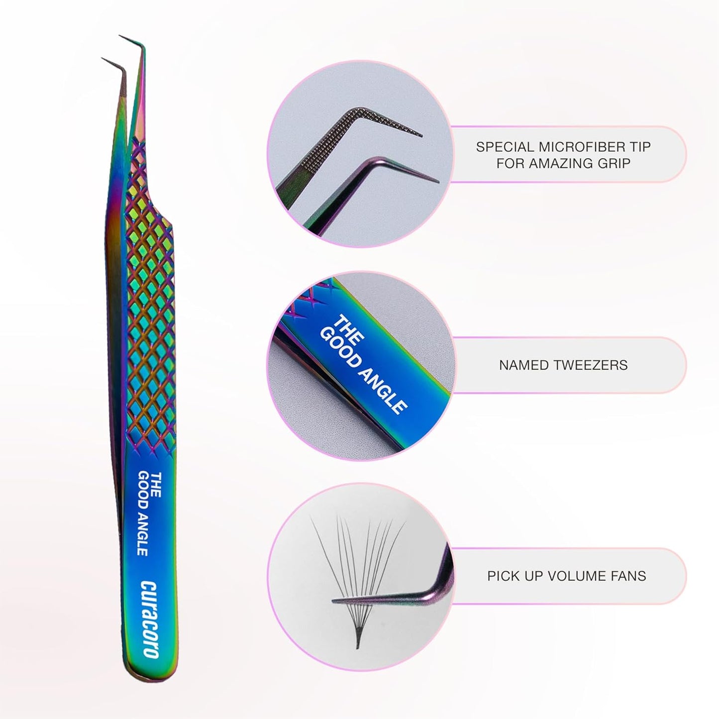 Curacoro Lash Tweezer - Professional & Precision Fiber Tip Grip Lash Tweezers for Eyelash Extensions, Multi Shapes & Purposes Tweezers for Volume, Isolation & Classic Lashes (Galaxy, The Good Angle)