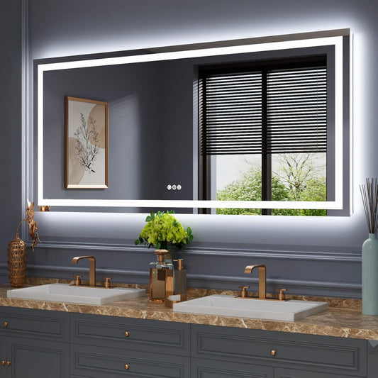 Amorho LED Bathroom Mirror 68" X38" with Front and Backlight, Stepless Dimmable Wall Mirrors with Anti-Fog, Shatter-Proof, Memory, 3 Colors, Double LED Vanity Mirror