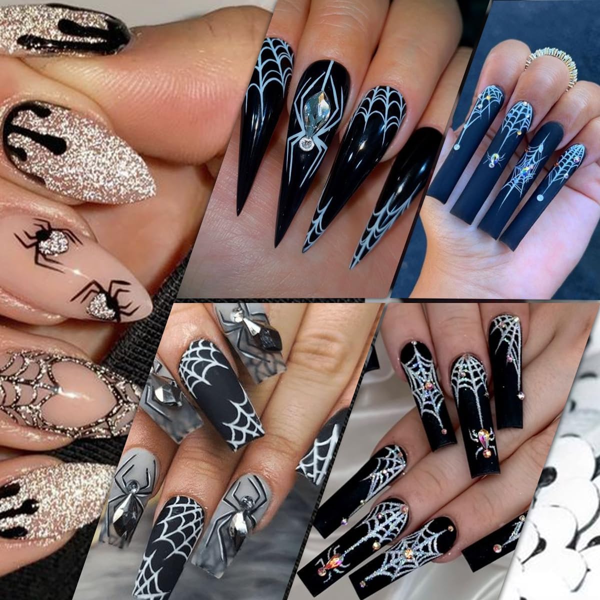 8 Sheets Strawberry Spider Halloween Nail Stickers - 3D Self-Adhesive Decals for Nail Art Design - Red, Black, Silver French Nail Art Supplies for Women