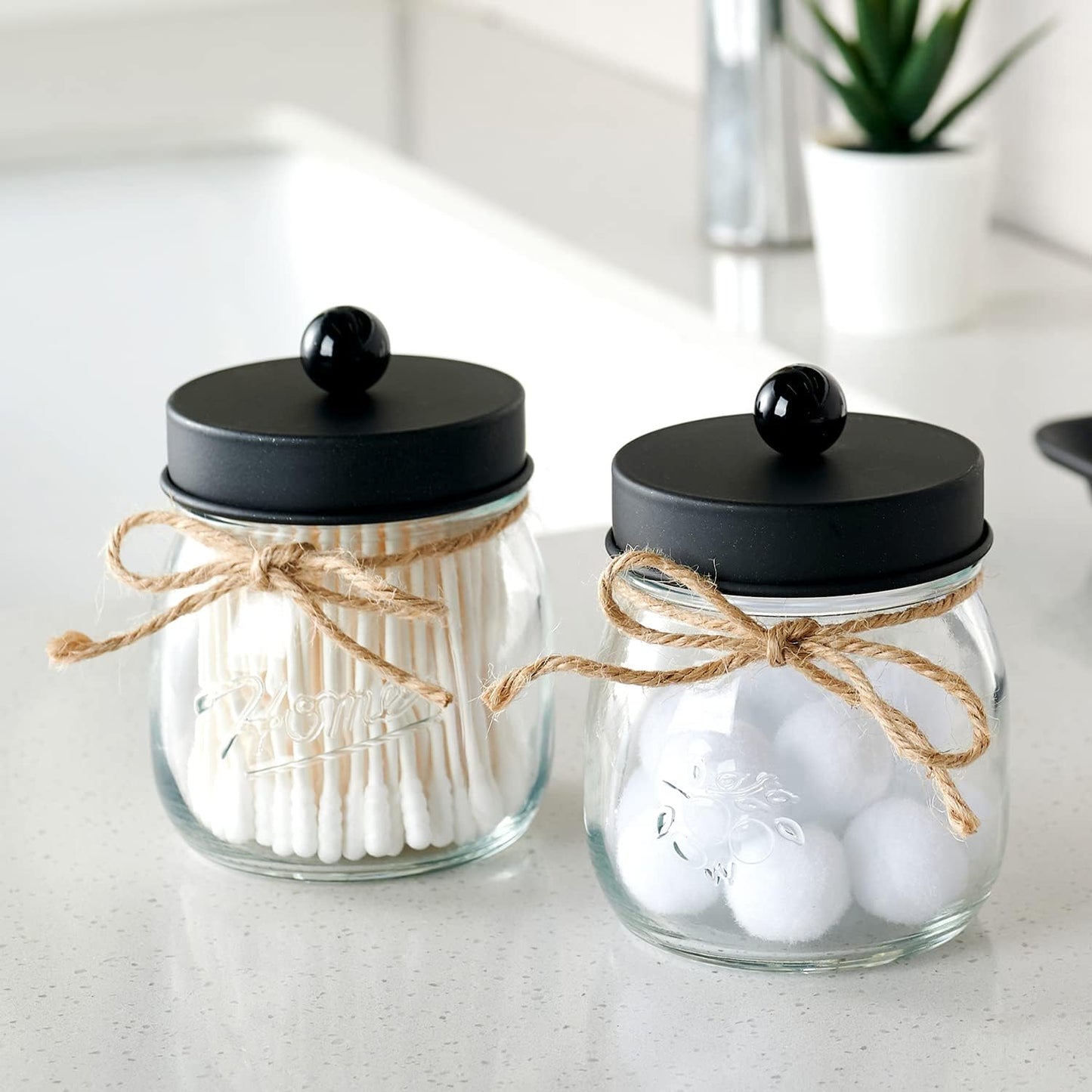 SheeChung 3 Pack Qtip Holder, Cotton Swab Holders, Apothecary Jars with Lids, Bathroom Jars, Black Bathroom Accessories for Cotton Round Pads, Balls, Floss Pick - Black