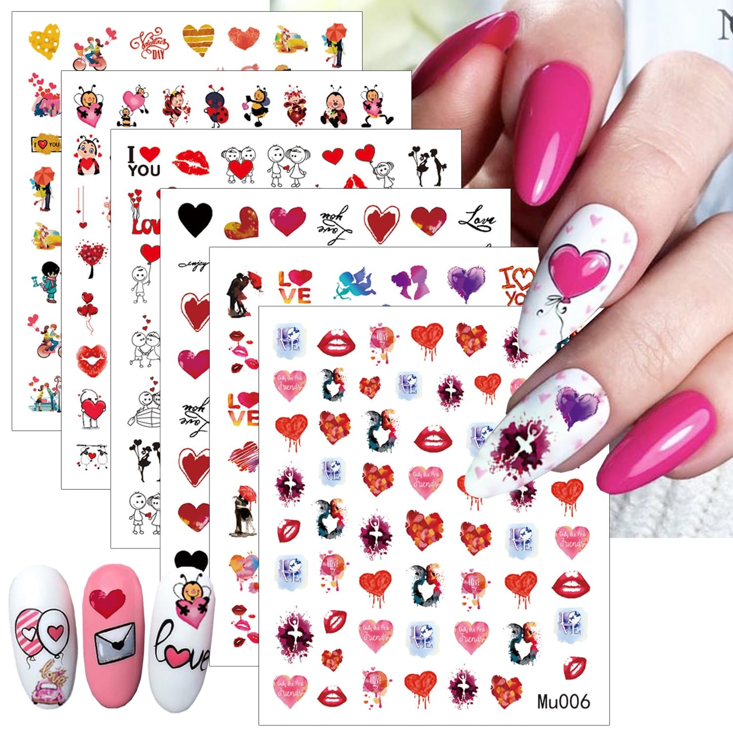 6 Sheets Valentine's Day Nail Art Stickers - Self-Adhesive 3D Heart Supplies, Sexy Lips, Romantic Red Love Letter Design Decals for Women Girl DIY Decoration