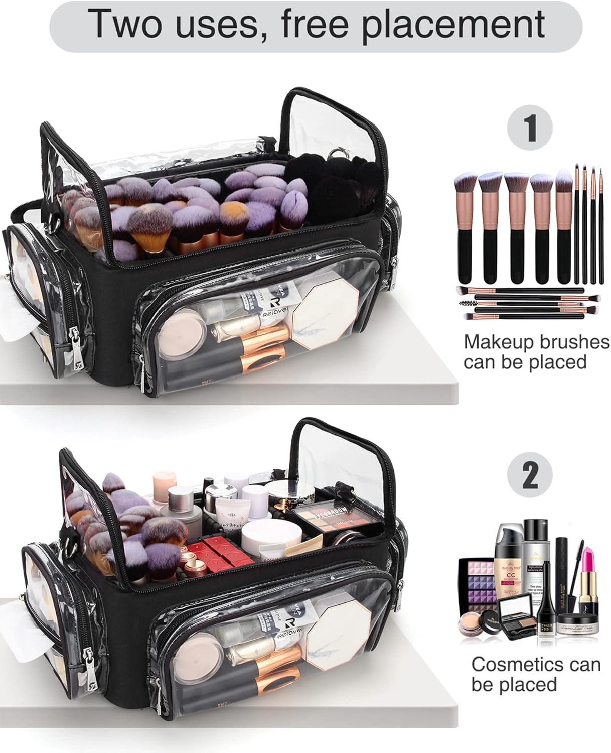 Makeup Brush Bag, Makeup Brush Case for Makeup Artist with Plastic Dividers Washable, Portable Travel Makeup Train Case with Clear Waterproof Cover for Easy to Clean and Find with Adjustable Strap