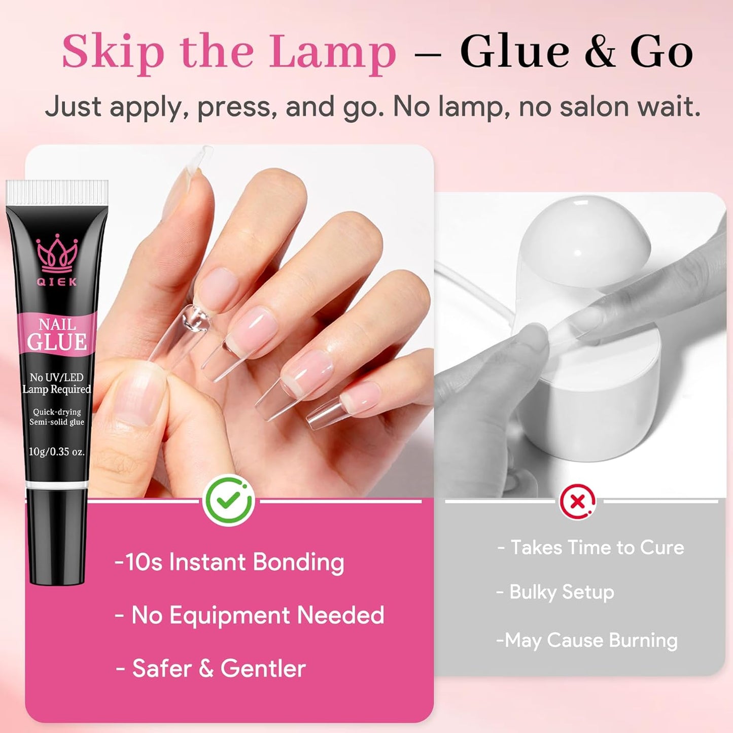 No-Lamp Nail Glue & Remover Set for Press Ons, 10ml Quick Dry 28 Days Super Strong Hold Glue on Nails, 10g Gentle Easy Removal with Tools Set for Beginner DIY Home, Not for Gel Polish Base Coat