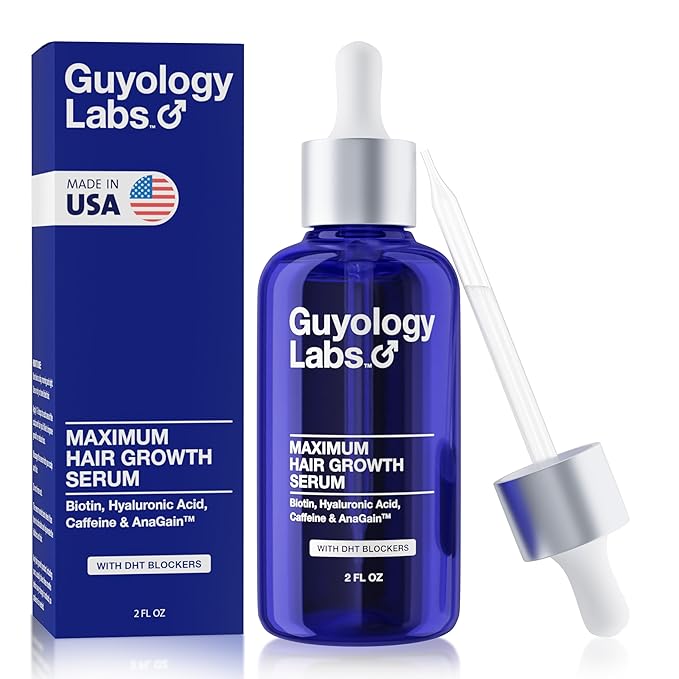 "Guyology Labs Biotin Hair Growth Serum for Men, Women & All Types of Hair - DHT Blocker & Scalp Serum - Hyaluronic Acid, Citrus - Anti Thinning Hair - Anti Hair Loss - Hair Regrowth - Made in USA"