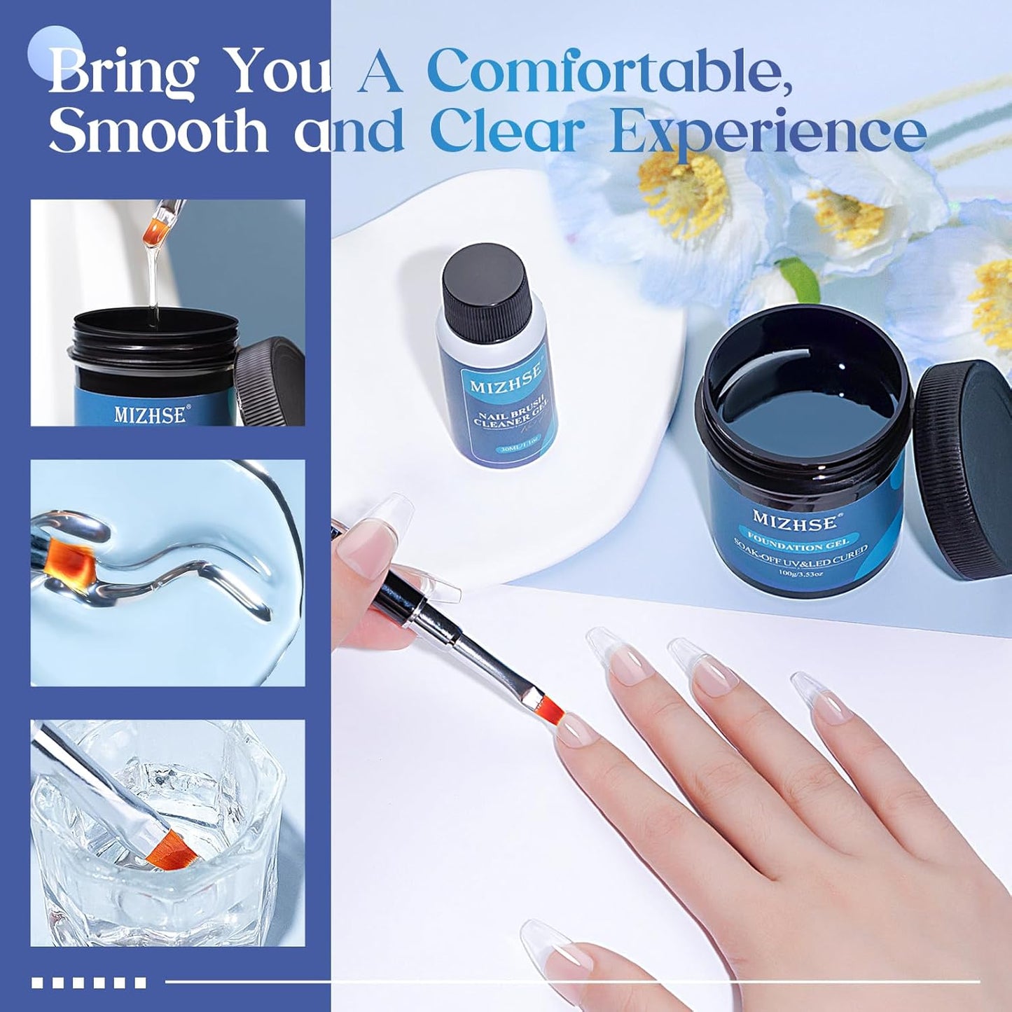 MIZHSE 100ML Base Coat for Gel Nail Polish, Super Large Capacity Base Coat Upgraded Formula Long-Lasting with Brush and Brush Cleaner Soak Off Nail Salon Home DIY