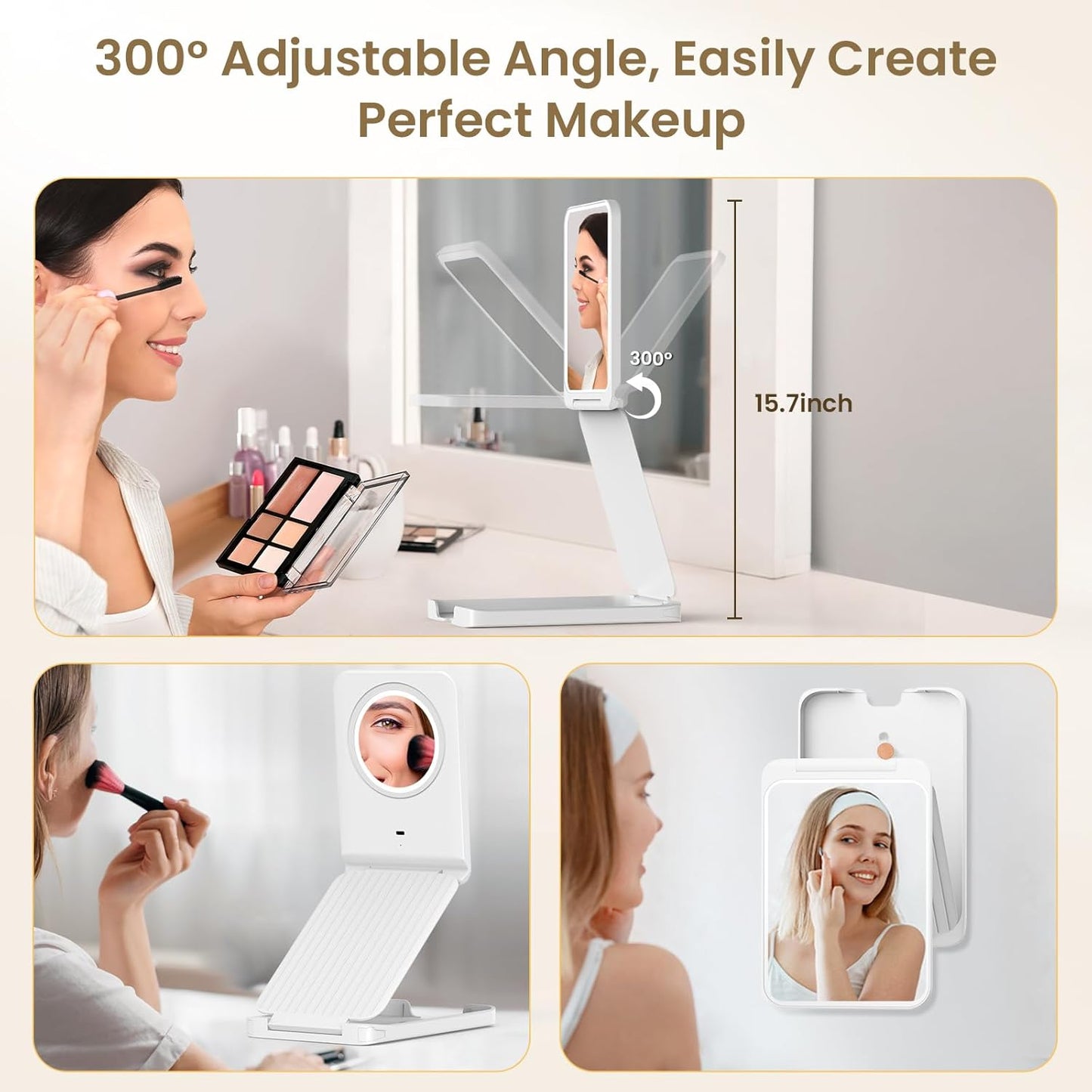 Travel Makeup Mirror with Lights, Foldable 1X Vanity Lighted Mirror with 10X Magnification, Rechargeable 1500mAh, Dimmable Touch Screen, Freely Adjust Height and Angle