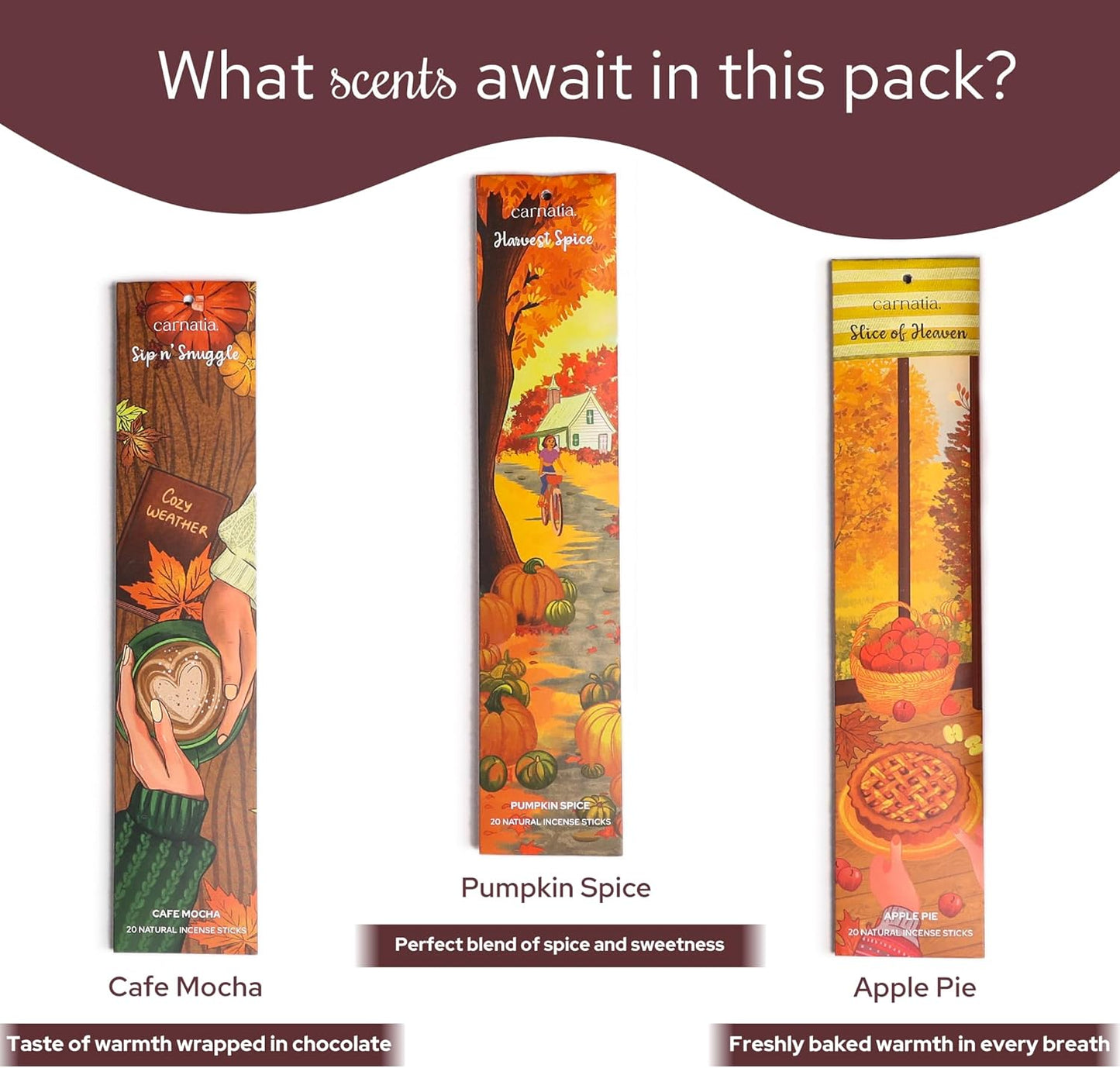 Carnatia Fall Whispers Incense Set – 6 Autumn Scents for Seasonal Warmth | Cozy Comfort & Inviting Ambience | Premium Quality Incense Sticks for Fall Vibes