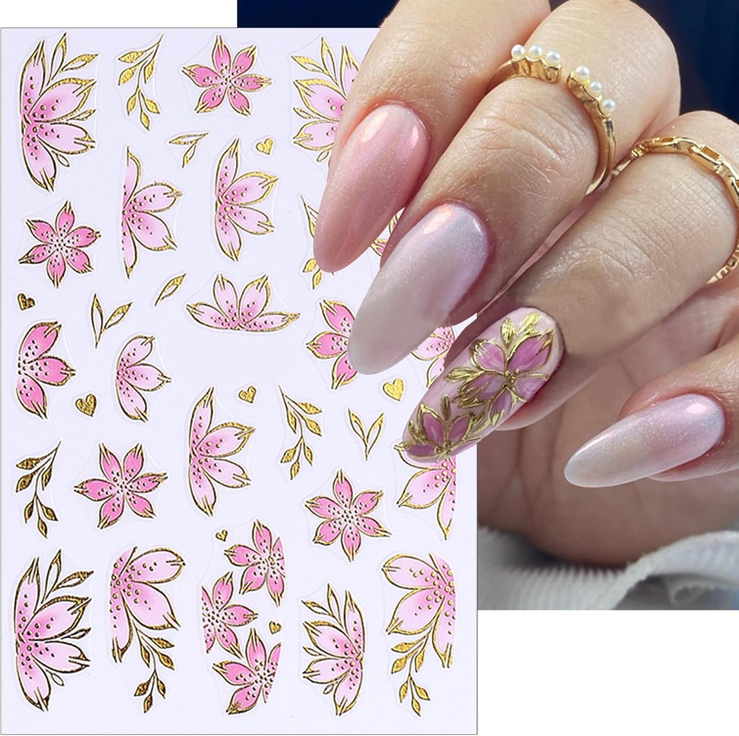 6 Sheets Spring Nail Art Stickers 3D Self-Adhesive Gold Edge Flowers Pink Cherry Blossoms Pattern Pink Petal Floral Golden Circle Bow Design Nail Decals for Women Spring DIY Nail Art Decorations