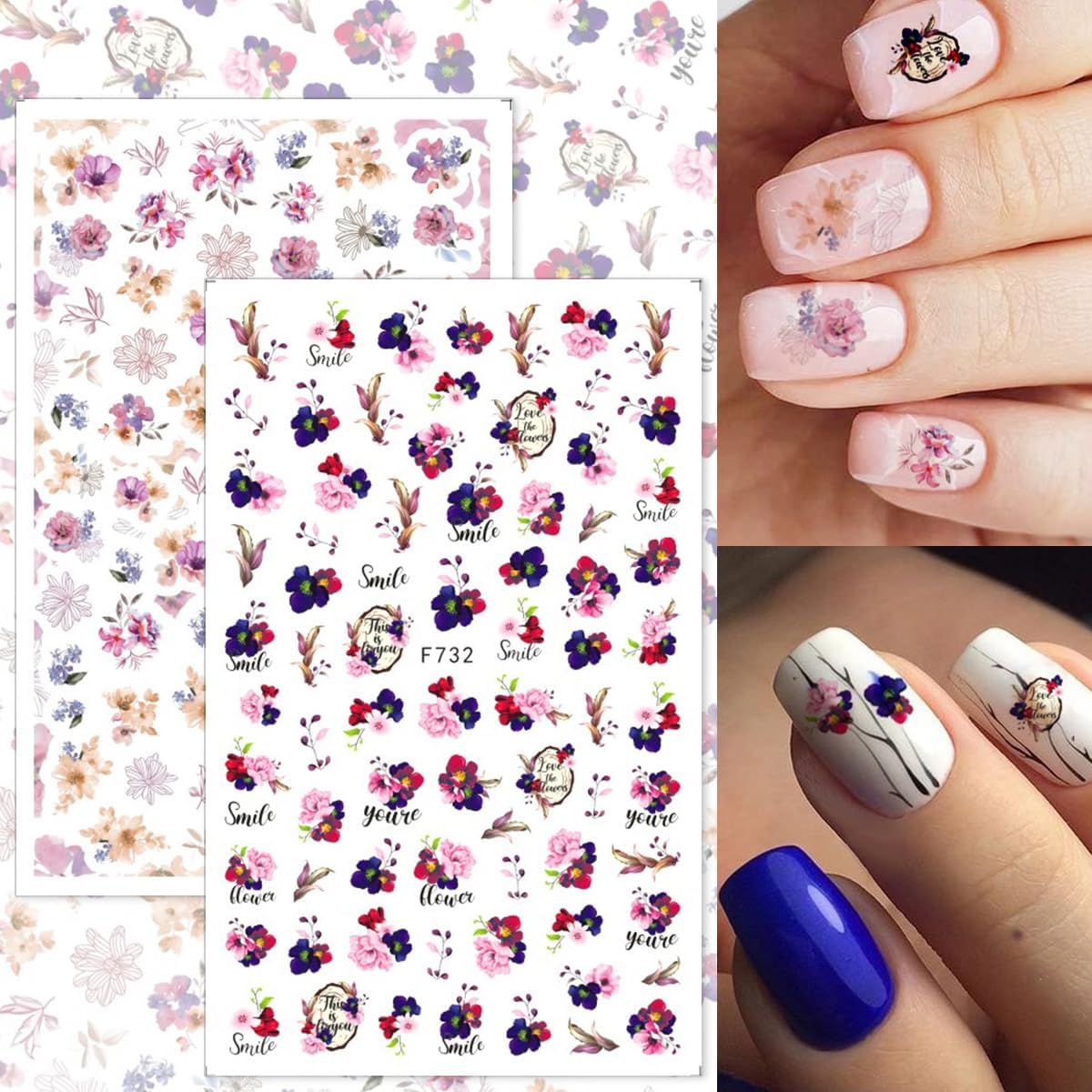Flower Nail Art Stickers Decals 8 Sheets 3D Flowers Self Adhesive Nail Design Stickers Summer Green Blue Purple Floral Leaf Nail Decals for Women Girls DIY Flowers Nail Decoration Charms