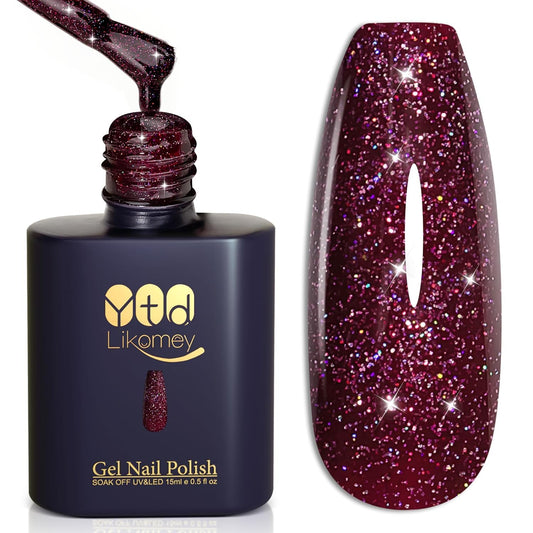 YTD Likomey Gel Nail Polish,15ml Colorful Wine Purple Glitter Fall Winter Dark Plum Shimmer Shiny Sparkly Salon Home DIY Manicure UV Color Varnish,SF402
