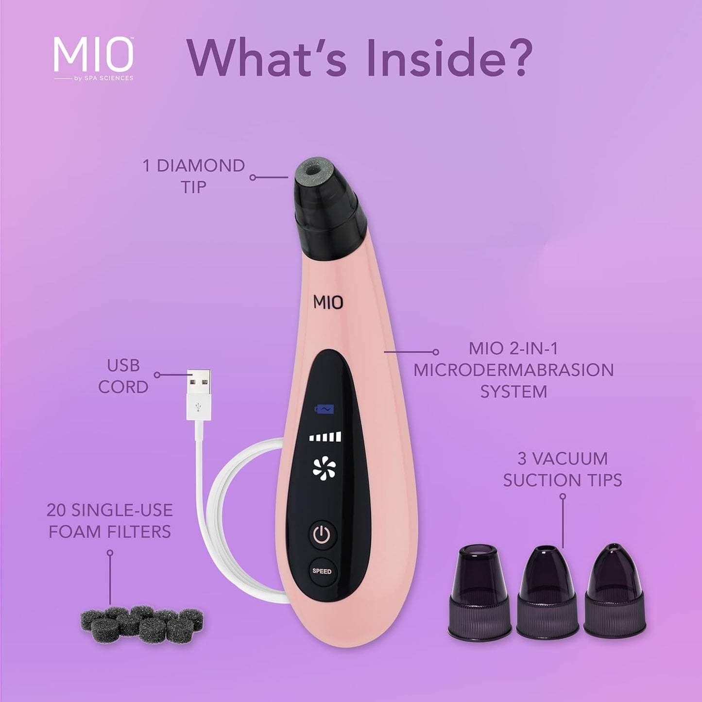 Spa Sciences - MIO - Diamond Tip Microdermabrasion Blackhead Remover, Pore Cleansing, & Resurfacing System - Reduces Acne Scars, Wrinkles, and Exfoliates for Clearer Skin