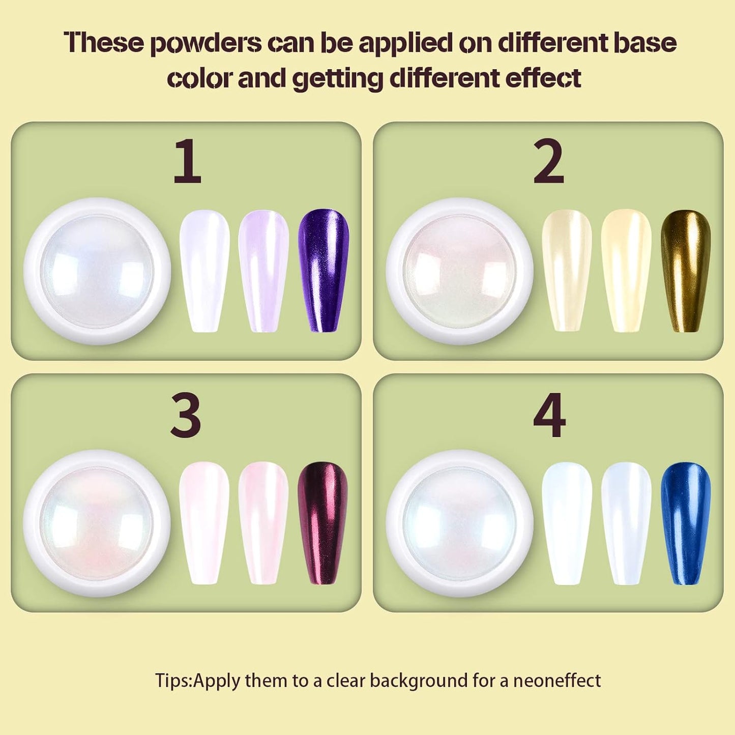 Artdone 4 Jars Chrome Nail Powder Metallic Mirror Effect Pigment Chrome Iridescent Aurora Nail Glitter Mermaid White Pearl Glitter Dust Kit for Gel Polish Nail Art Decoration, Resin Craft