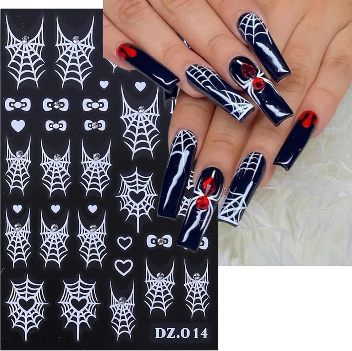 4 Sheets Halloween Spider Web Nail Art Stickers 5D Embossed Halloween Nail Decals with Rhinestone Colorful Spider Web Spider Bow Love Heart Nail Design Adhesive Stickers for Women Decorations Supplies