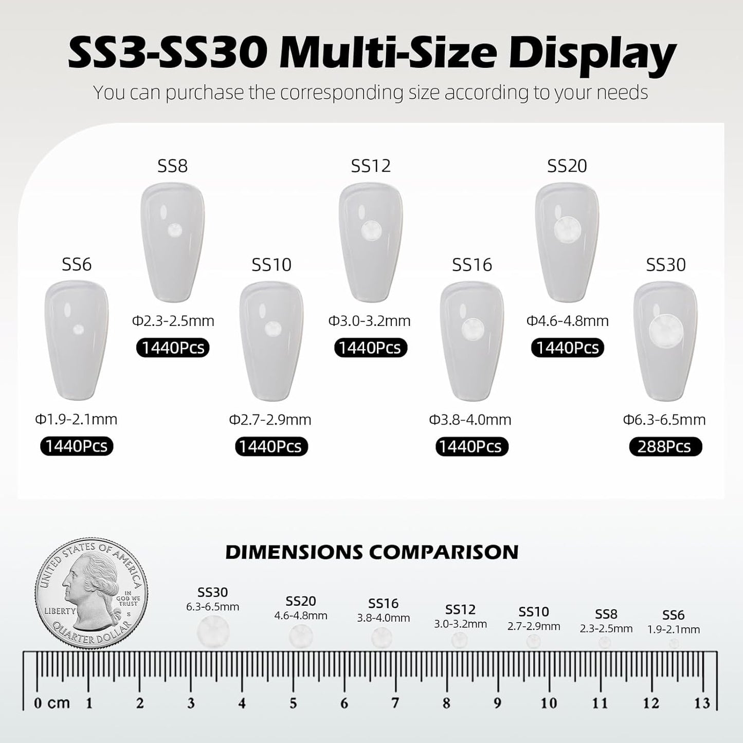 Neon White Flatback Rhinestones, Glass Rhinestones for Nail Art and Craft, Glue Fix, Loose Crystal Gemstones(Neon White, SS8, 1440pcs, 2.3-2.5mm)