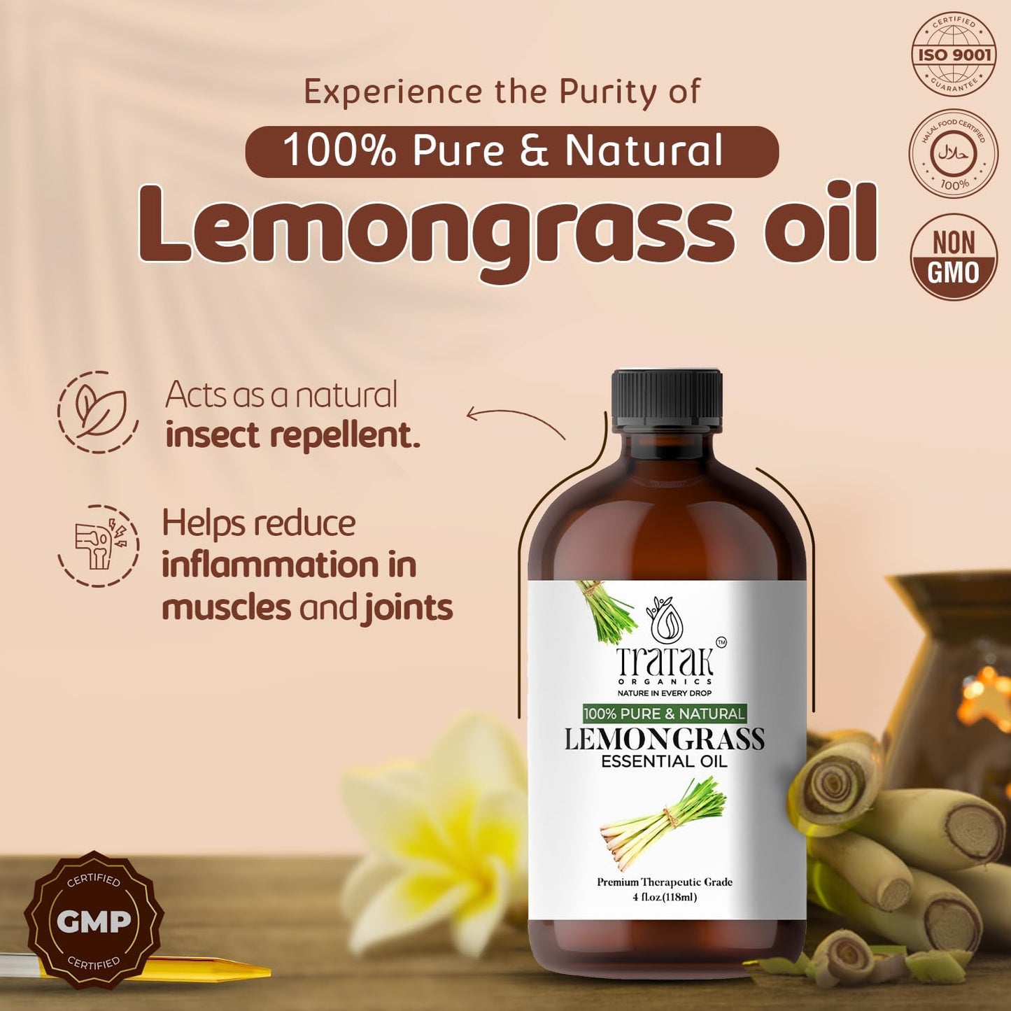 Lemongrass Essential Oil, 100% Pure and Natural Oil with Premium Glass Dropper, Undiluted Essential Oil for Aromatherapy, Diffuser, Humidifier, Oil for Skin & DIYs, Huge 4 fl oz (Pack of 2)