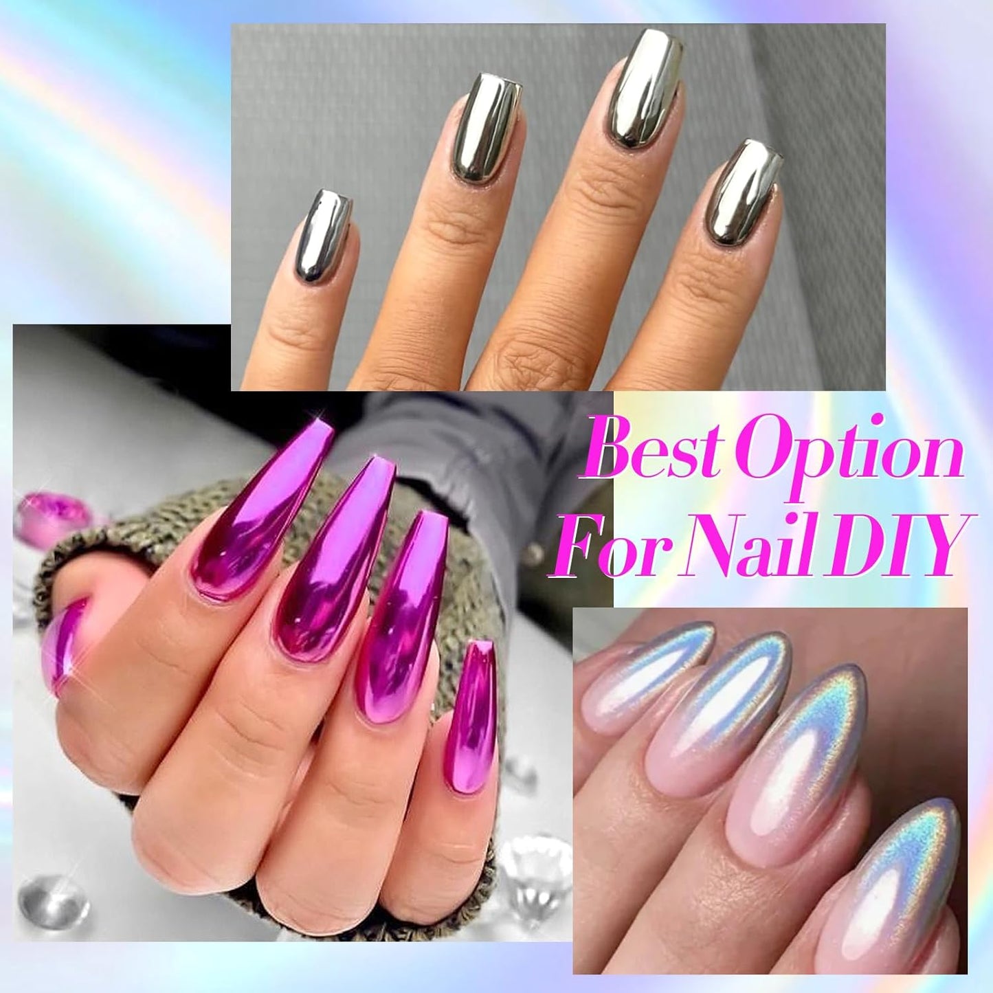 Born Pretty Mirror Chrome Nail Powder Set, 24 Colors Metallic Mirror Effect Nail Powder Holographic Aurora Chameleon Pigment Gold Silver Red Pink Purple Blue Green Manicure Nail Art Decoration Sets