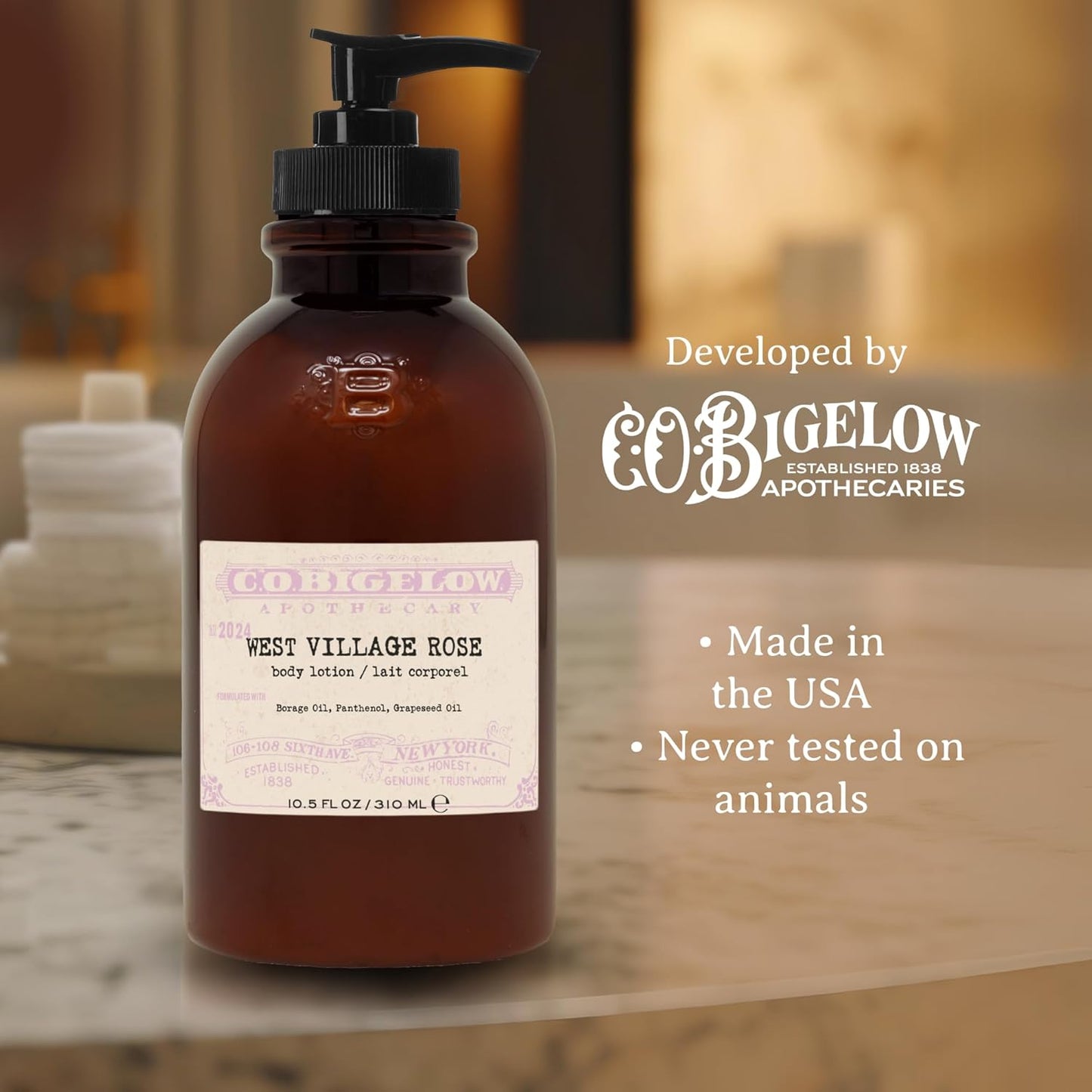 C.O. Bigelow West Village Rose Body Lotion, Iconic Collection Moisturizing Body Lotion with Shea Butter, Borage Oil & Grapeseed Oil, 10.5 Fl Oz