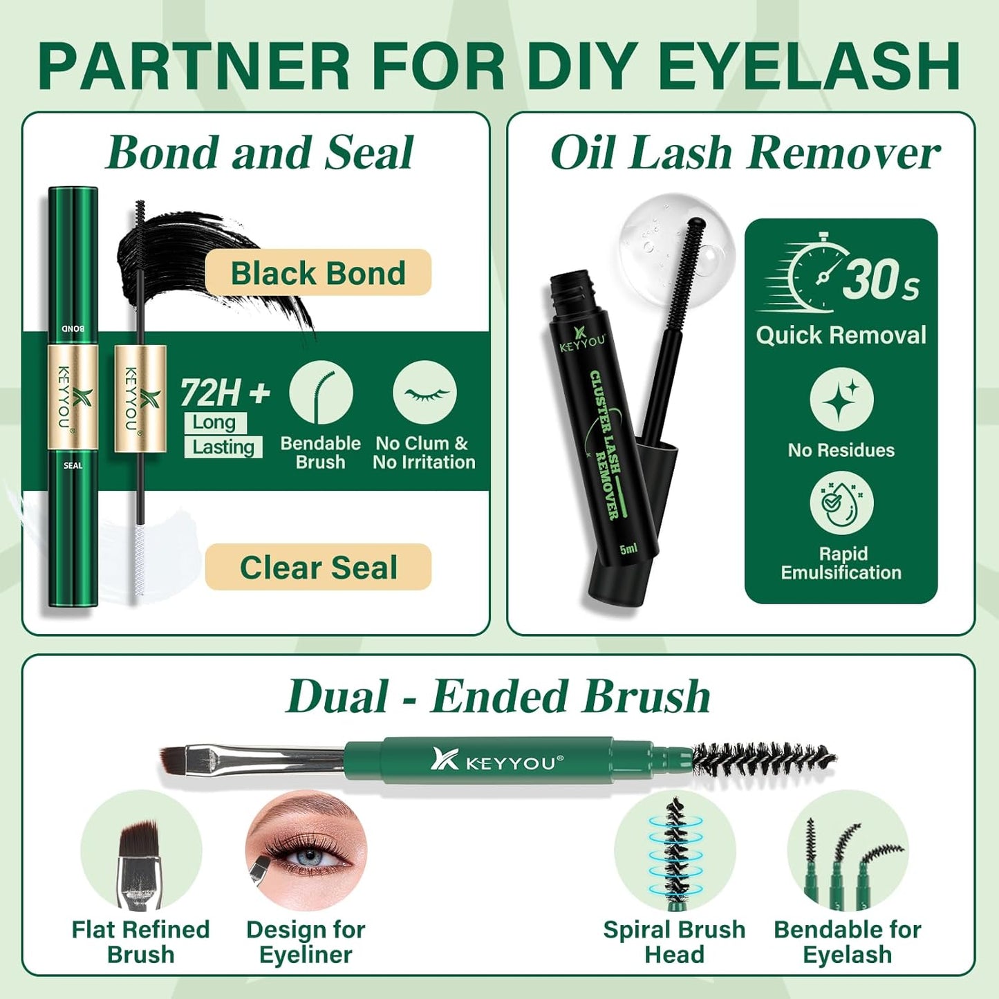 KEYYOU Lash Extension Kit with Bottom Lashes Mixed 5-18mm 80D 100D Eyelash Extension Kit Multi-Type Lash Clusters with Bond and Seal Applicator Remover DIY at Home